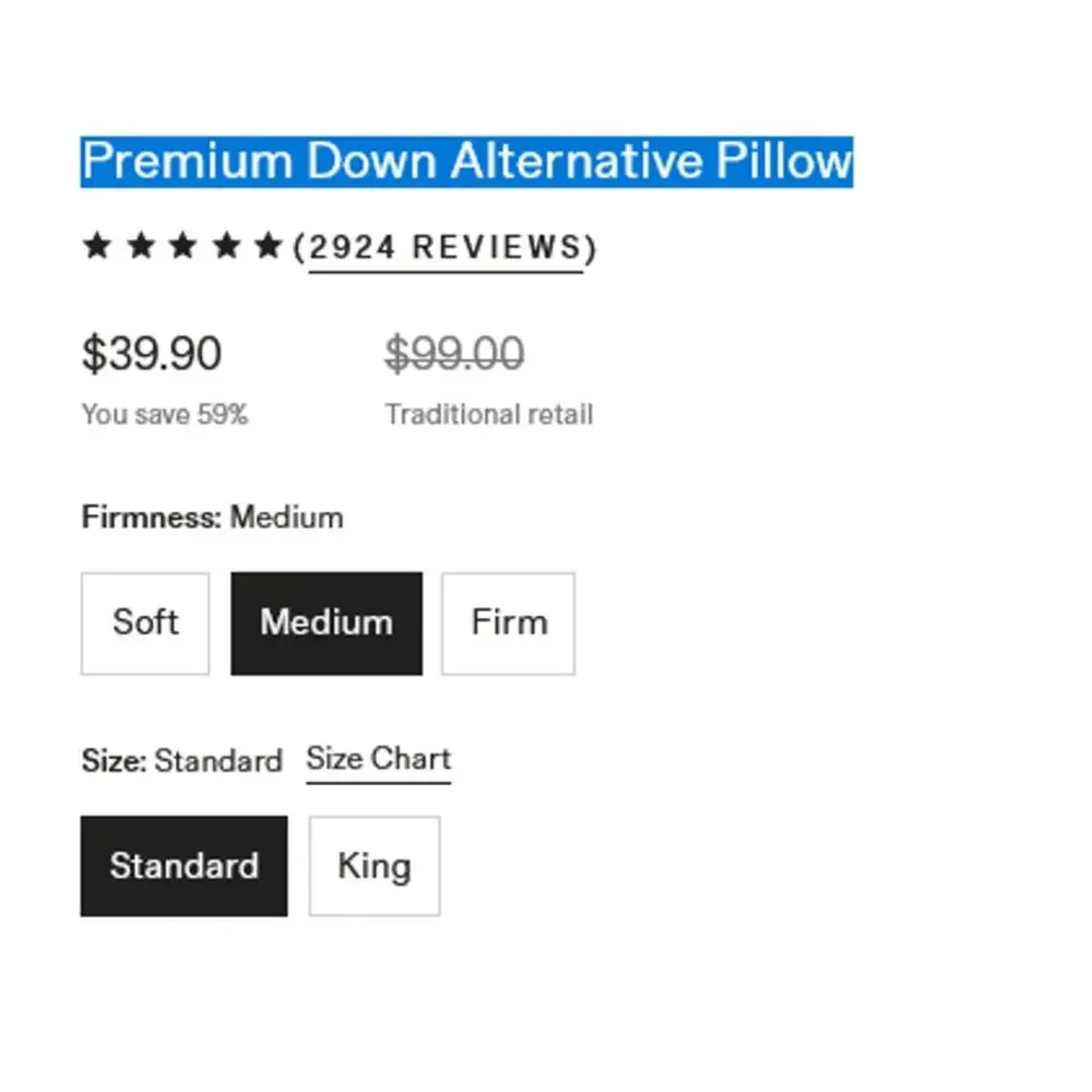 Quince Premium Down Alternative Pillow Standard Medium New